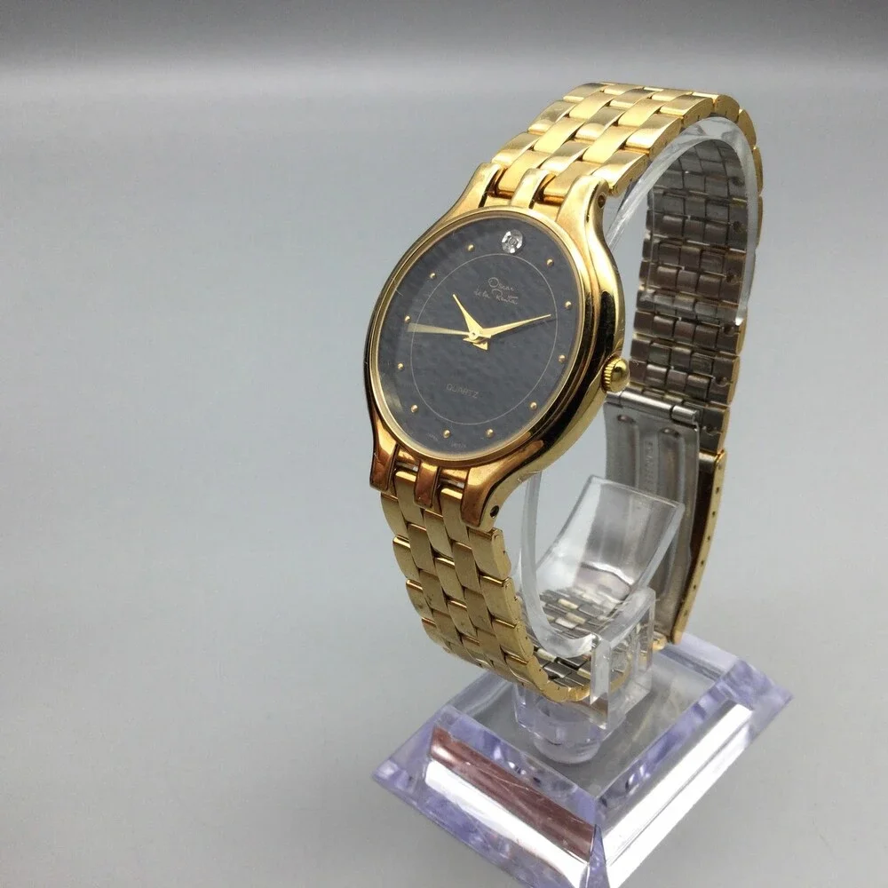 Oscar De La Renta Womens Watch 32mm Black Dial Gold Tone Dress New Battery 7.75